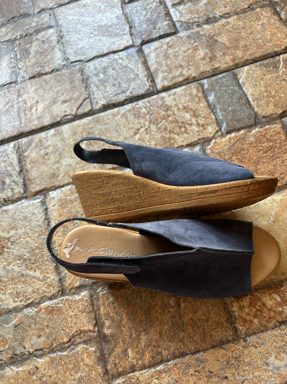 A. Giannetti Italian Navy Suede Cork Wedge Slingback Sandals